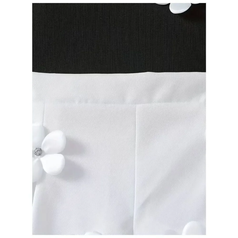 Petal Pop 2pc Set – Black & White Tank and Shorts with 3D Flower Embellishments
